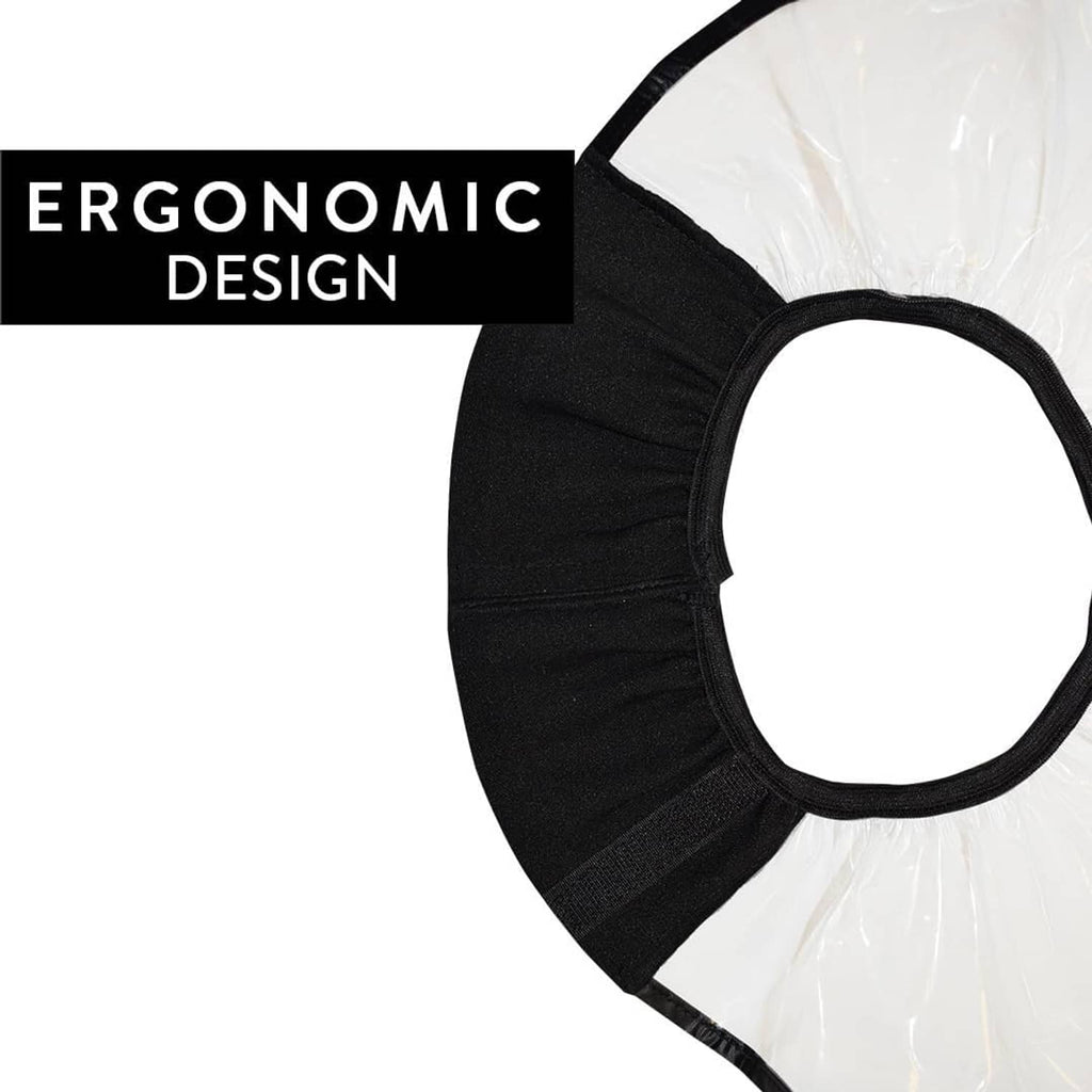 Black ergonomic hair funnel with round opening and clear plastic apron