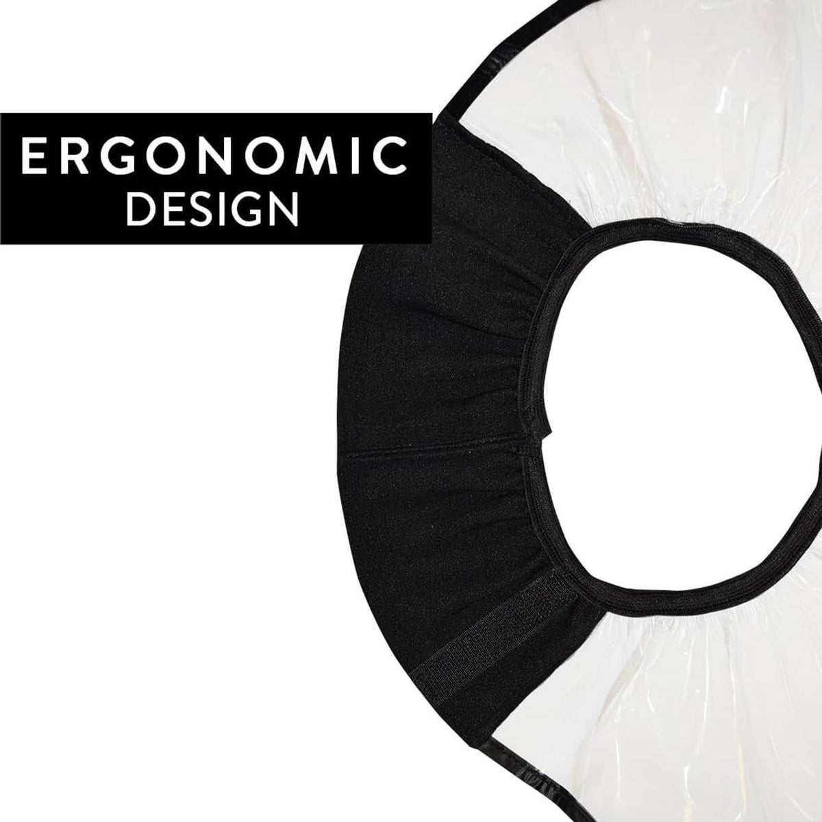 Black ergonomic hair funnel with round opening and clear plastic apron
