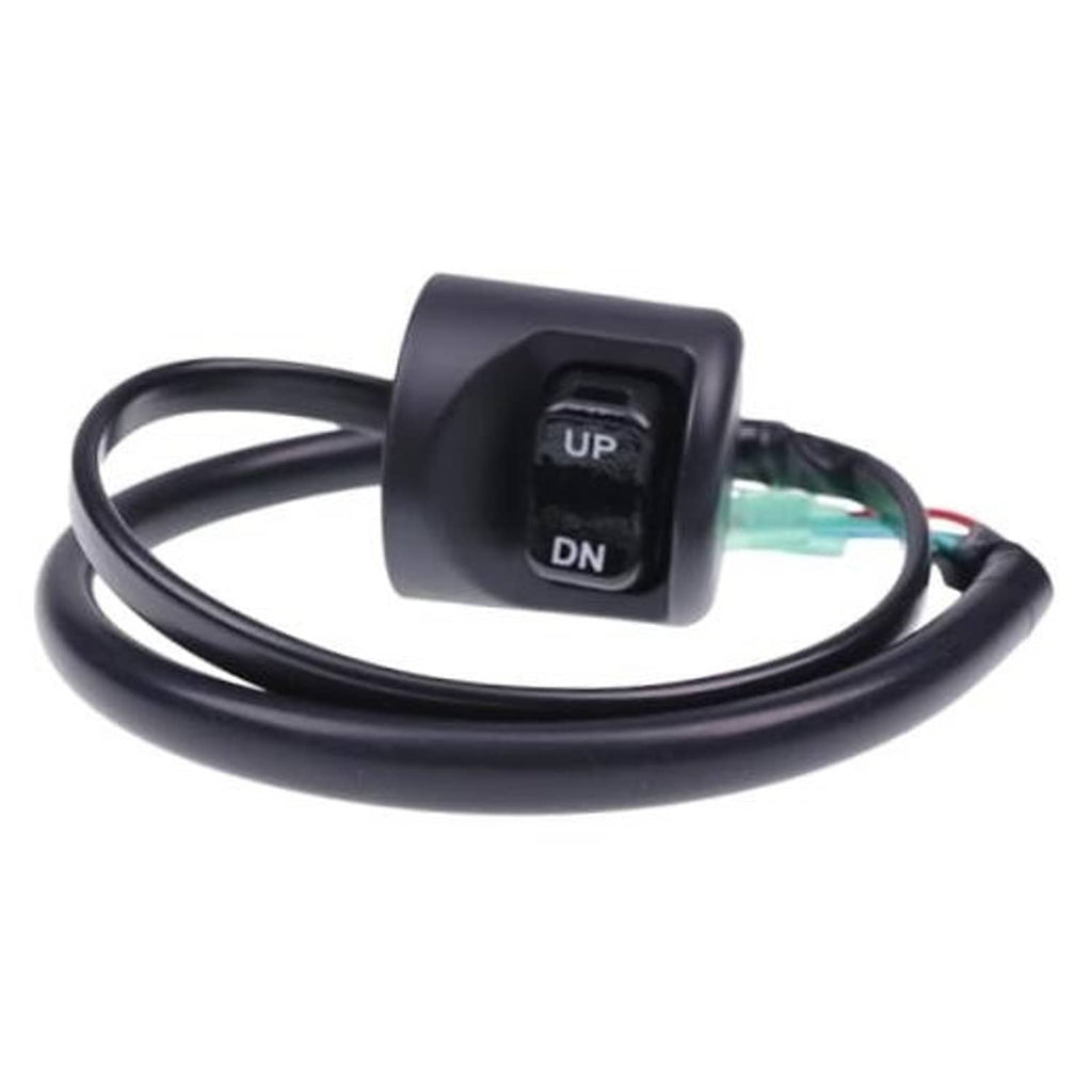 Black tilt switch assembly with UP and DN button labels, attached wiring harness