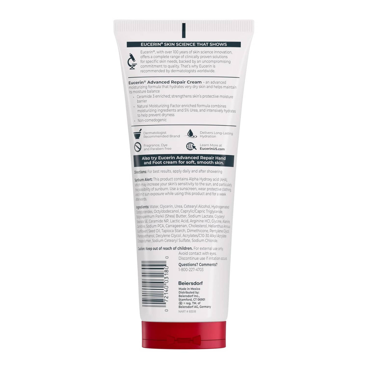 Eucerin Advanced Repair Cream back label on the cream tube