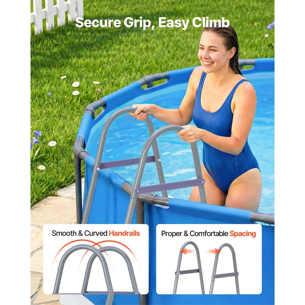 Gray 4-step pool ladder with smooth curved handrails and evenly spaced steps