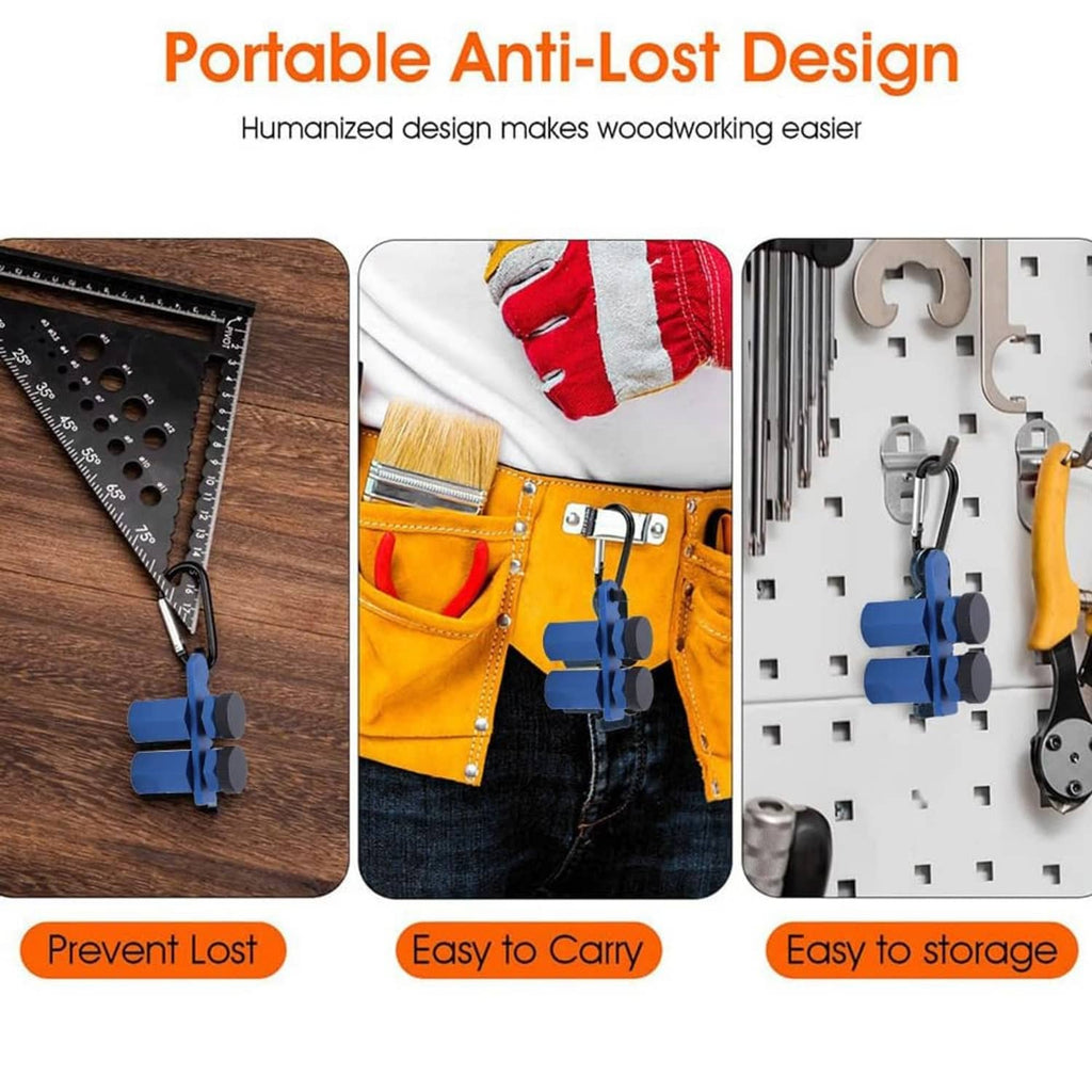 Stair gauge on workshop pegboard with blue clamps for storage and portability