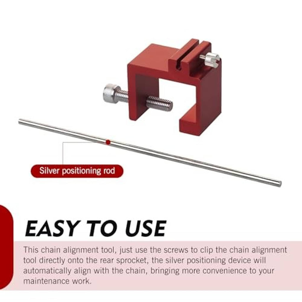 Red chain straightener tool with long silver rod and clamping bolts