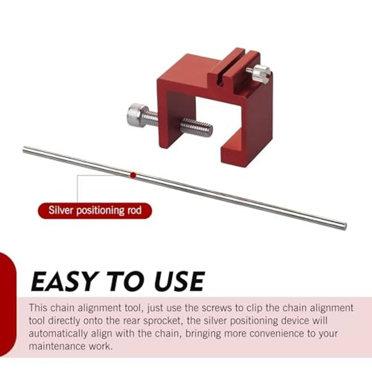 Red chain straightener tool with long silver rod and clamping bolts