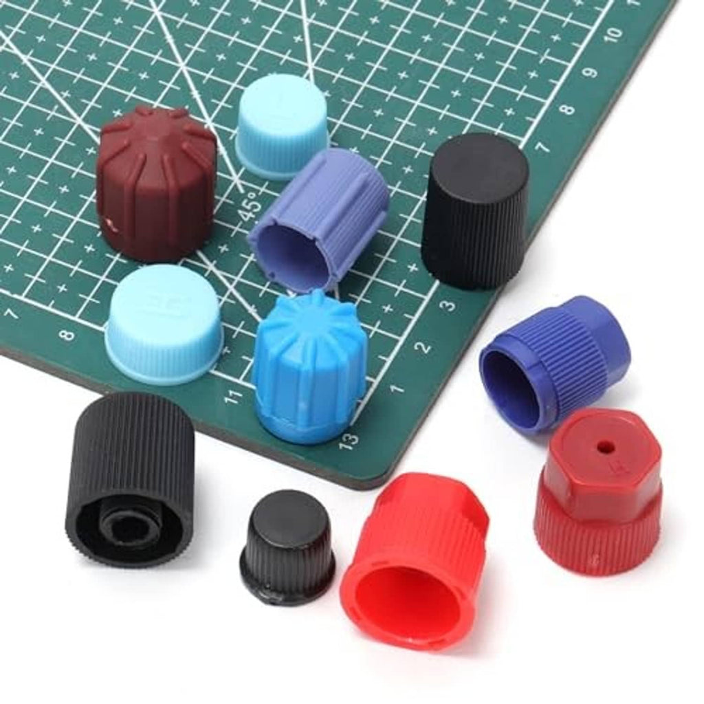 A/C valve core dust caps set, mixed red, blue, black caps