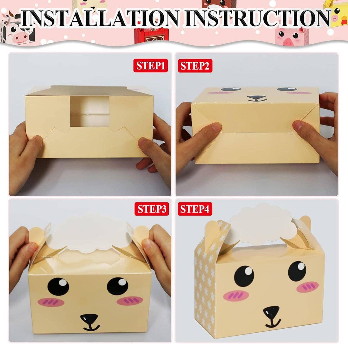 Farm animal treat box packaging with step-by-step assembly shown on hands and boxes
