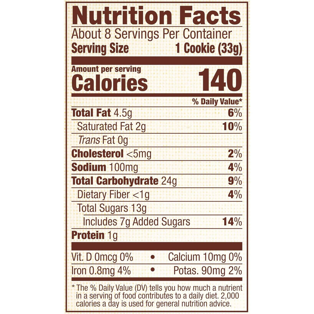 Nutrition Facts panel for soft oatmeal raisin cookies, serving size and calories
