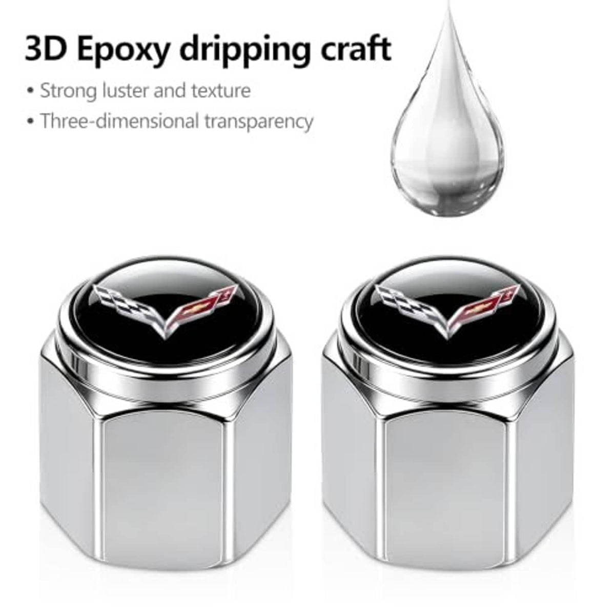 Silver metal valve stem cap with black center and Corvette-style logo, close-up