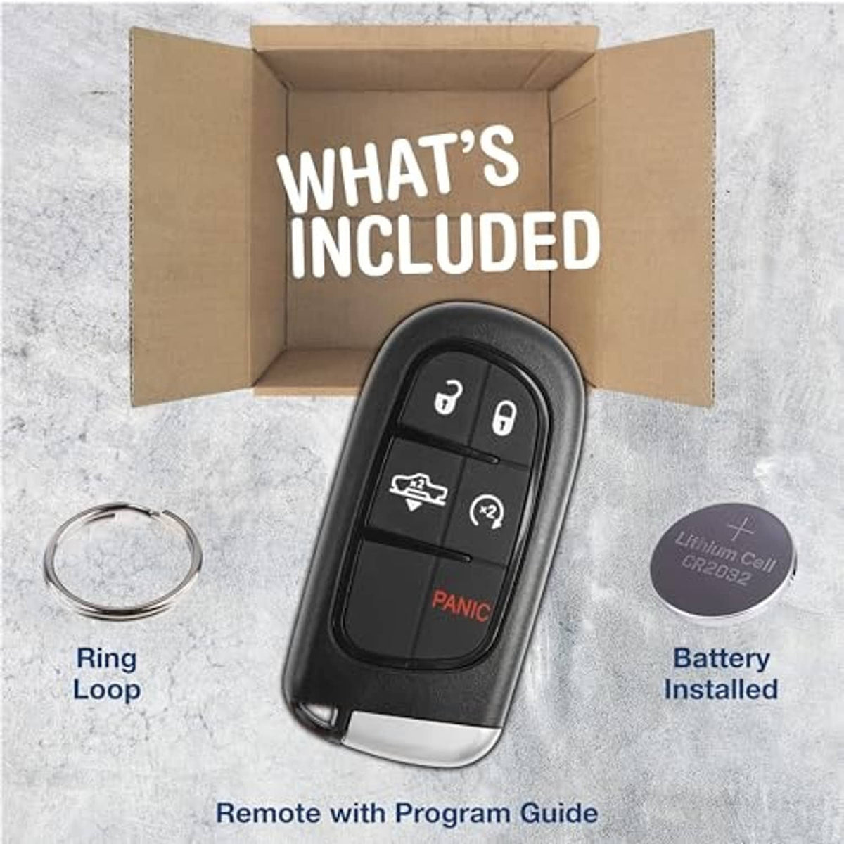 Car key fob kit in open box with program guide, ring loop, and key blade
