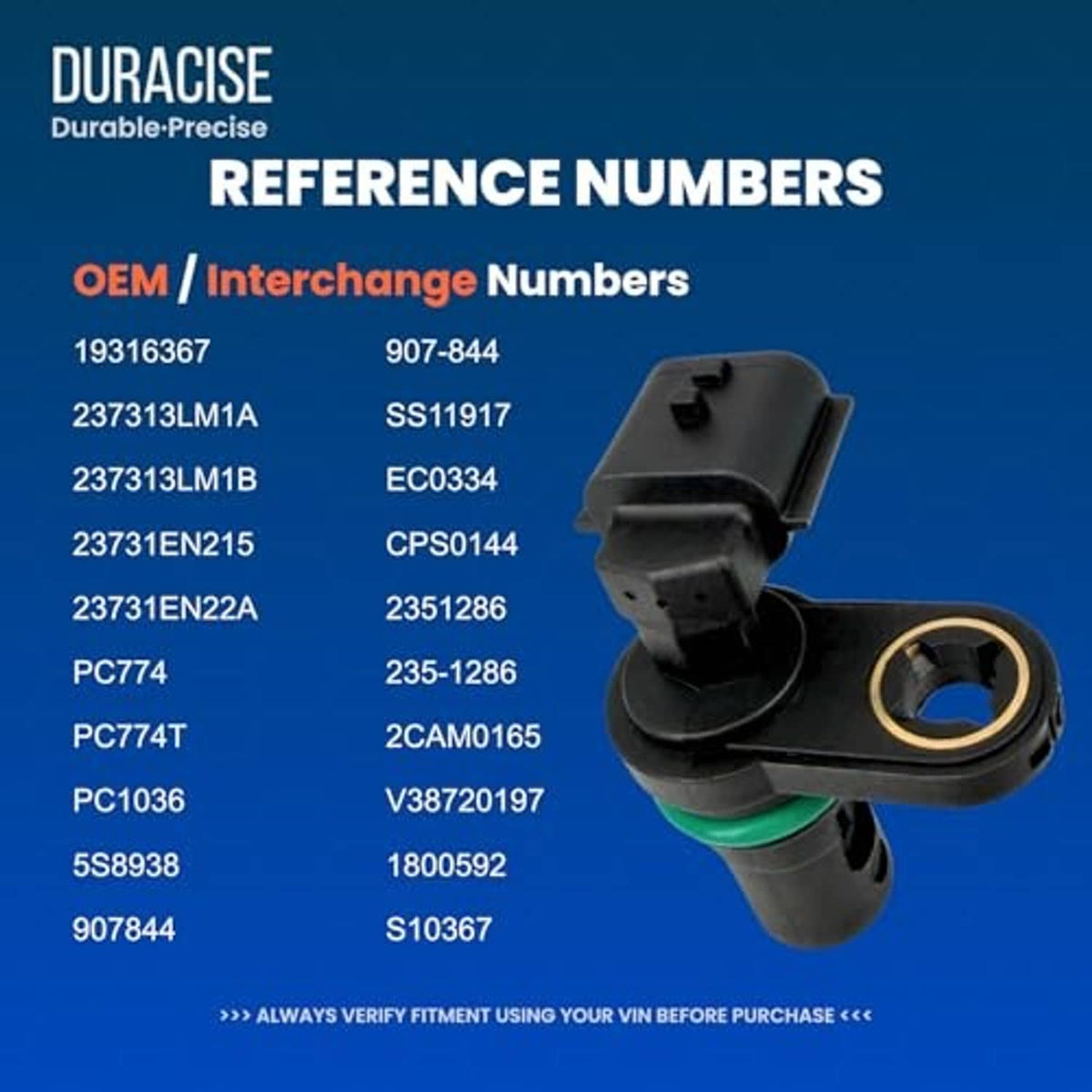 Camshaft position sensor with black connector and gold-colored mounting ring, green seal