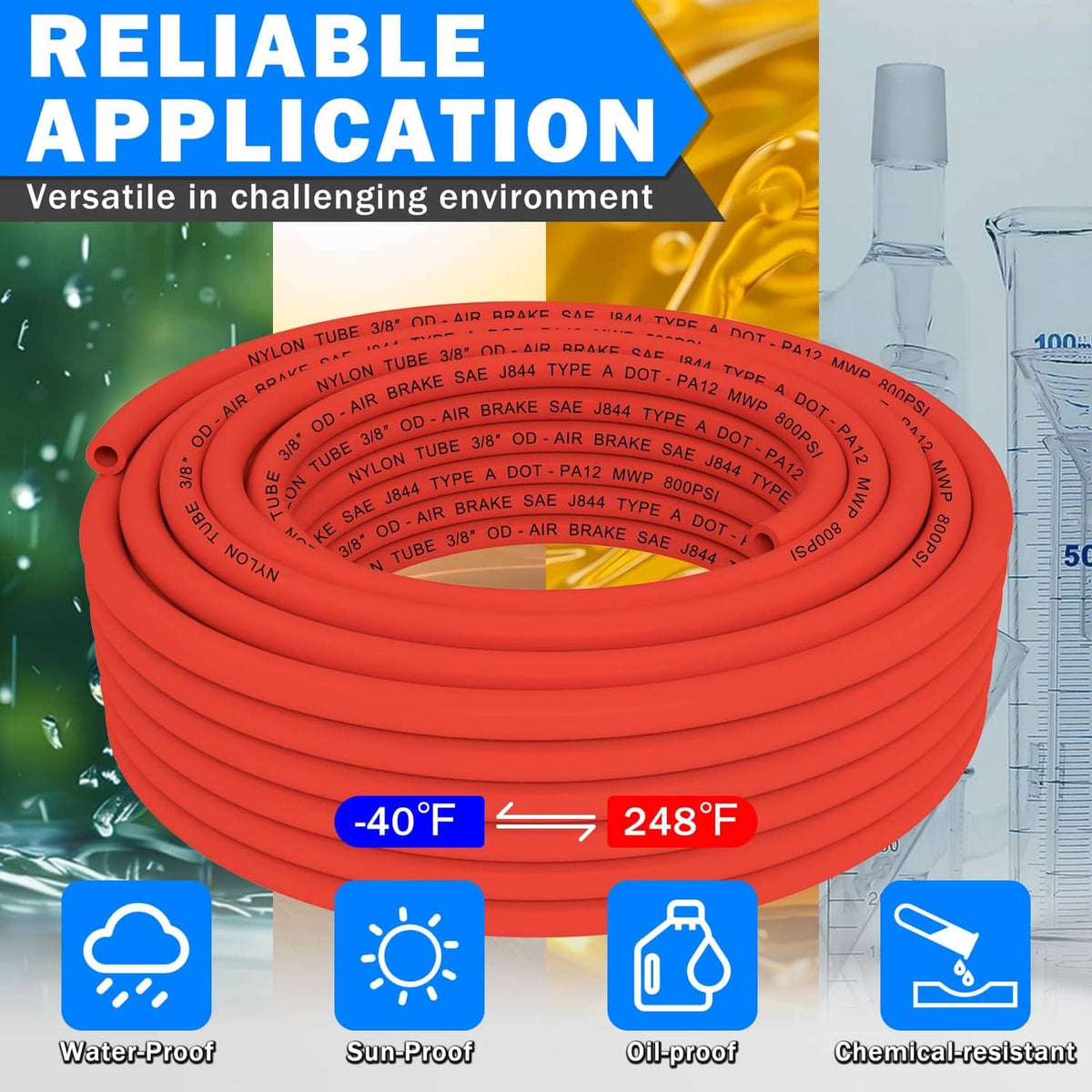 Red DOT nylon air hose roll with temperature range -40F to 248F and 800 psi icons.