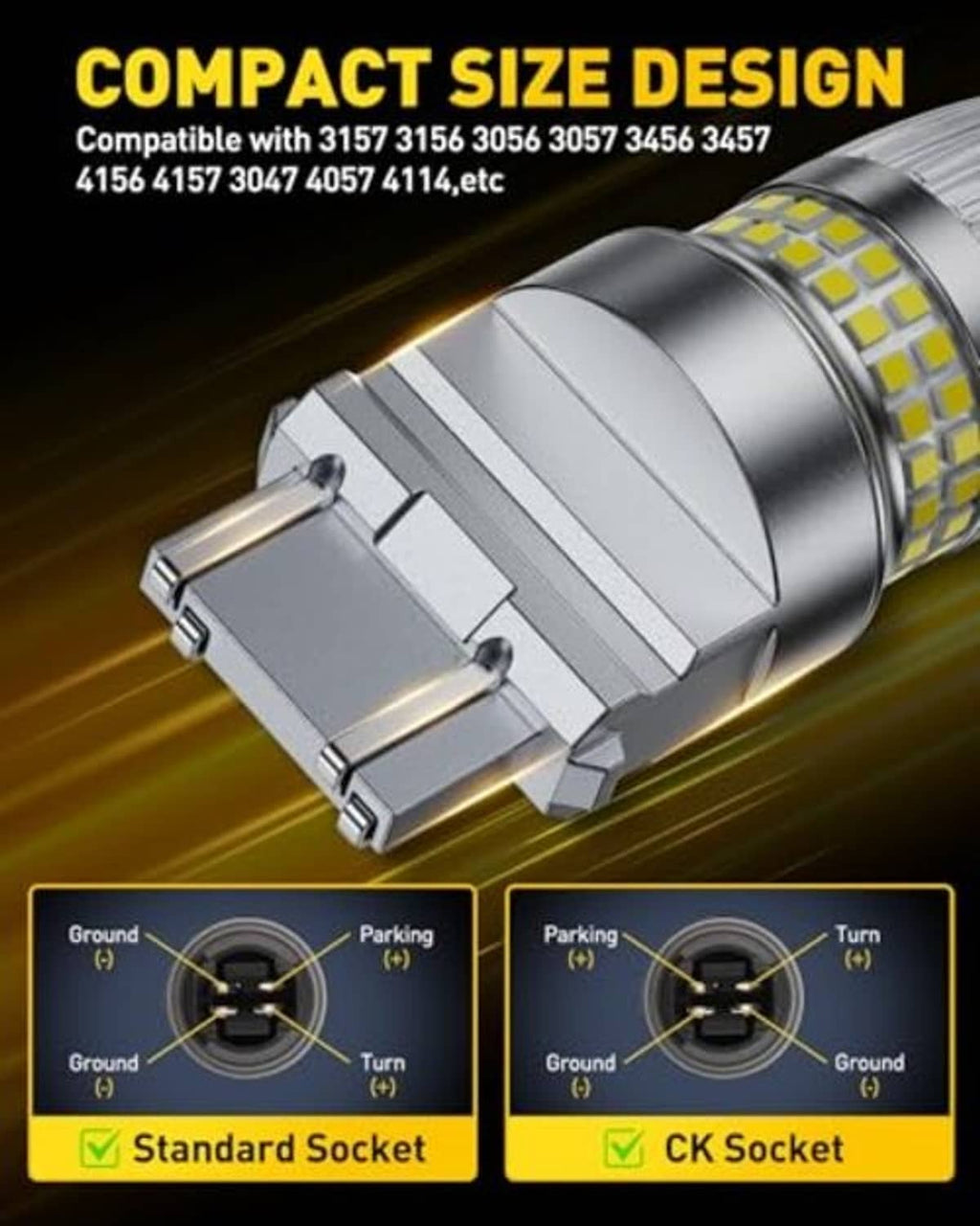 Compact LED reverse light bulb with silver heat sink, clear lens, and yellow LED chips