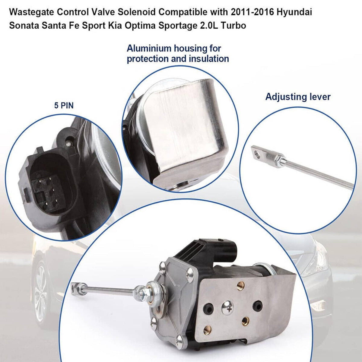 Turbo wastegate control valve solenoid with silver aluminum housing and black connector