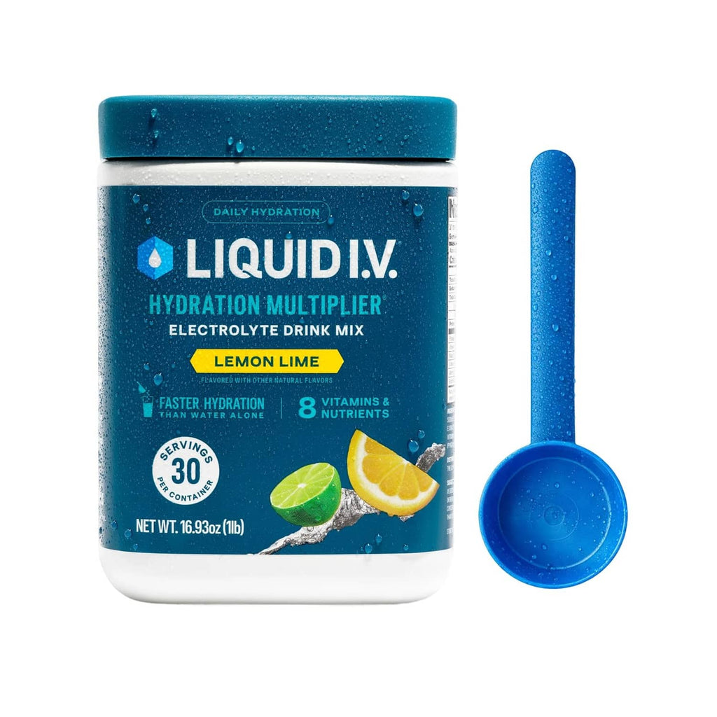 Hydration electrolyte drink mix tub with blue lid and measuring scoop, lemon lime flavor