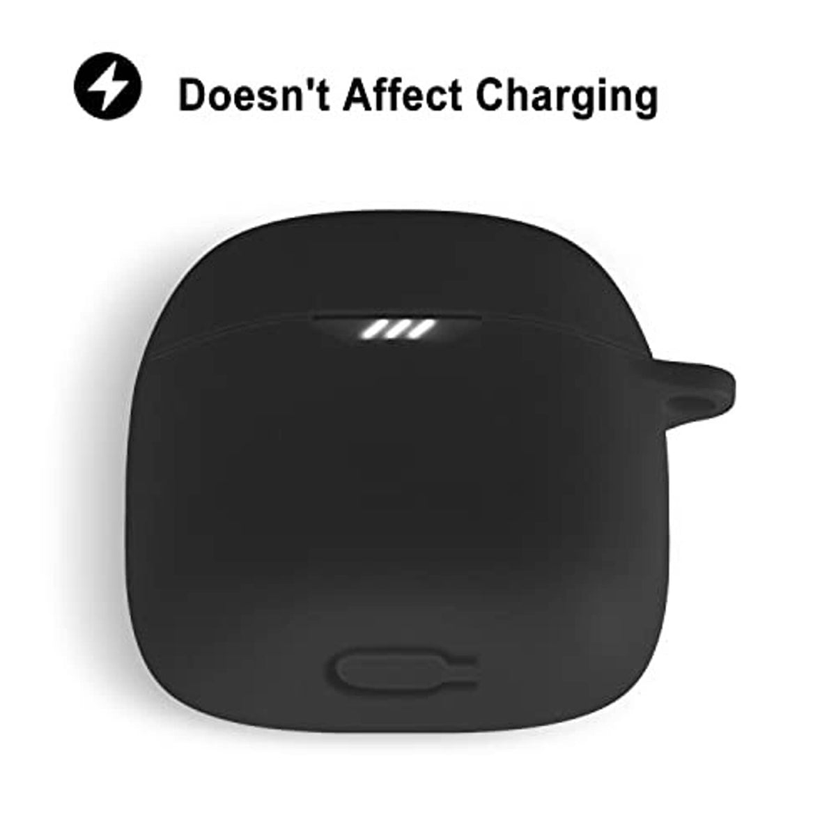 Black silicone earbud case cover with molded charging opening