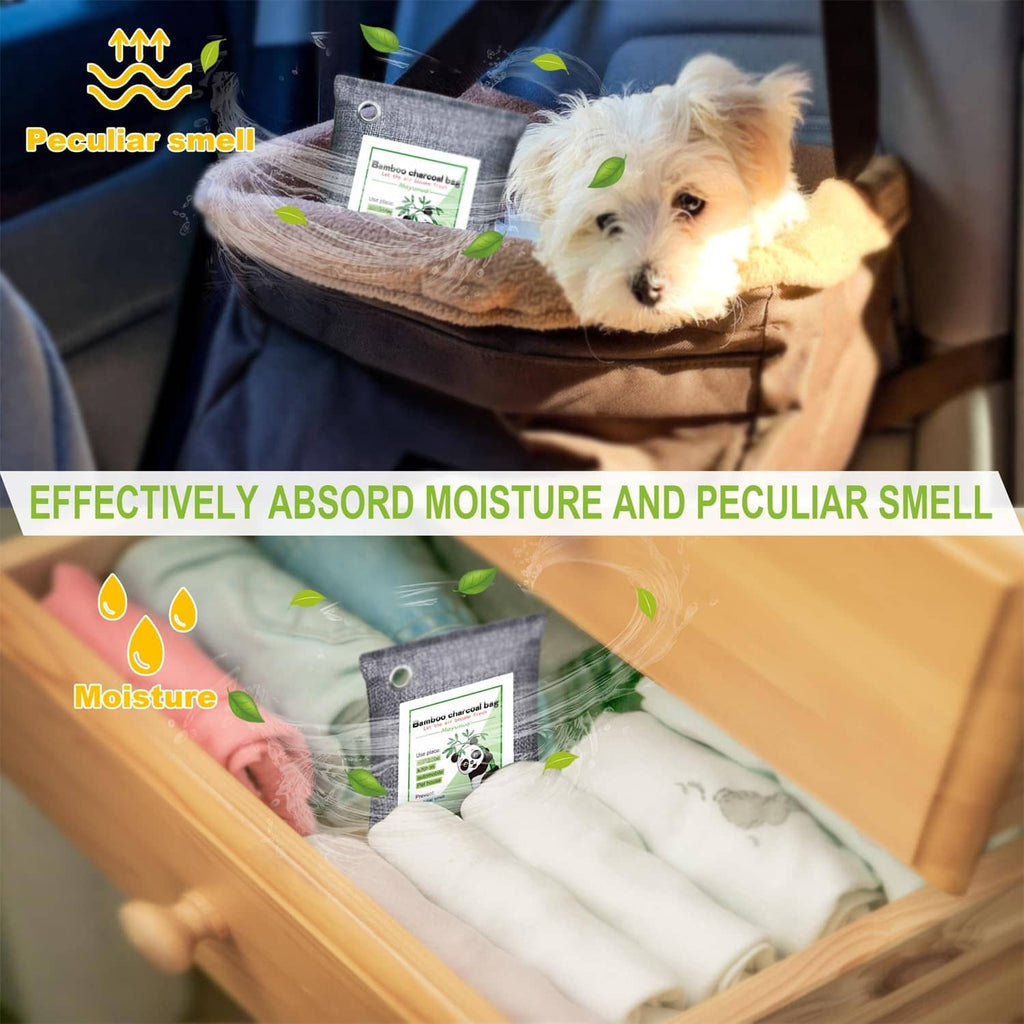 Grey cloth odor absorber bag with printed label hanging in a drawer.