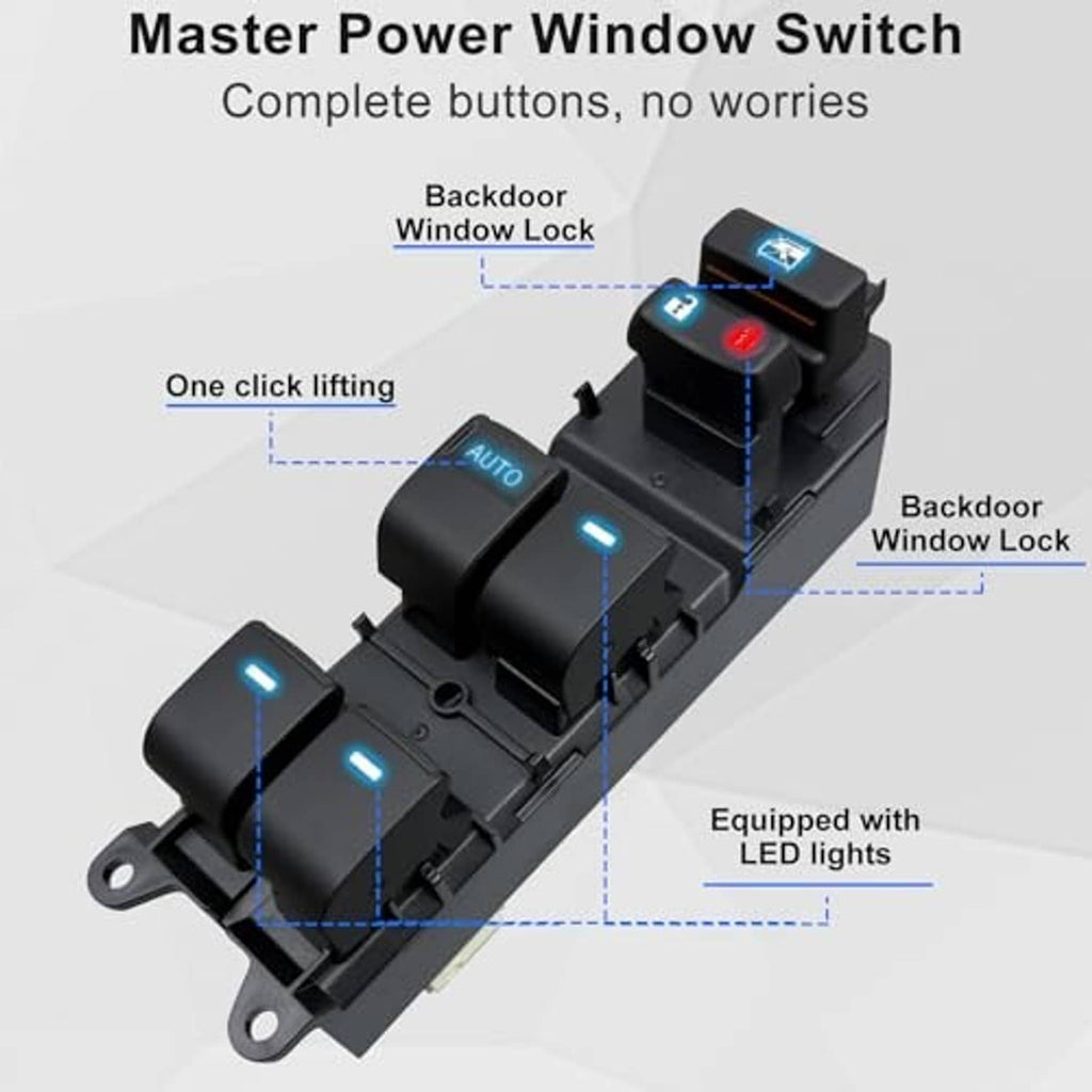 Black master power window switch module with auto button and blue LED indicator lights