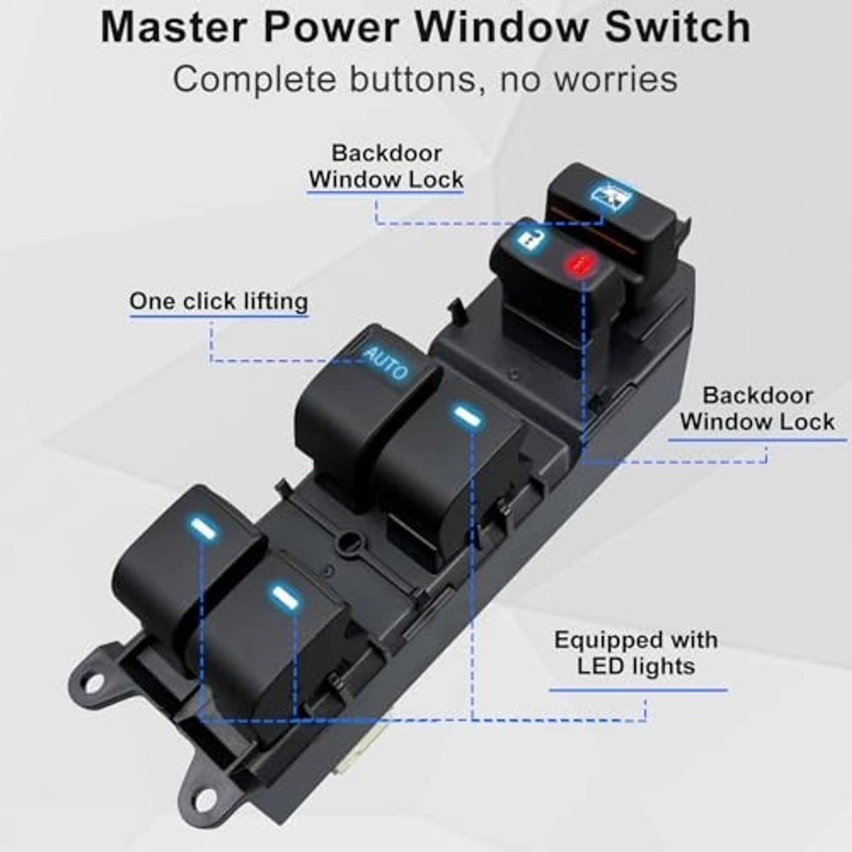 Black master power window switch module with auto button and blue LED indicator lights