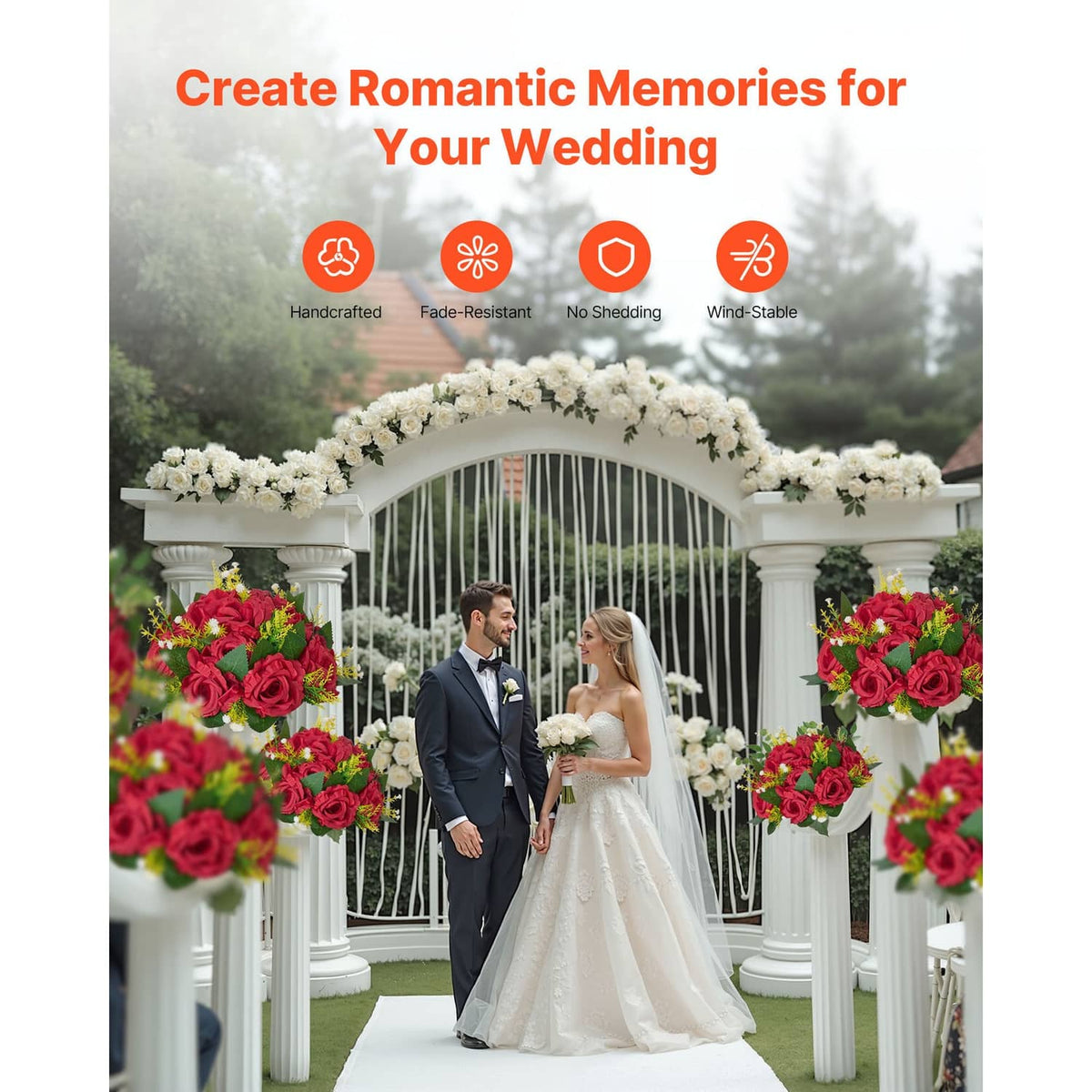 Wedding ceremony arch decorated with red artificial flower balls and surrounding white flowers