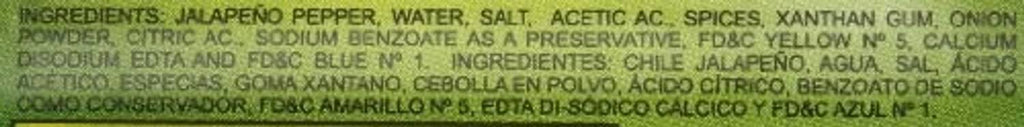 Mild jalapeno sauce ingredient label listing peppers, water, salt, and spices