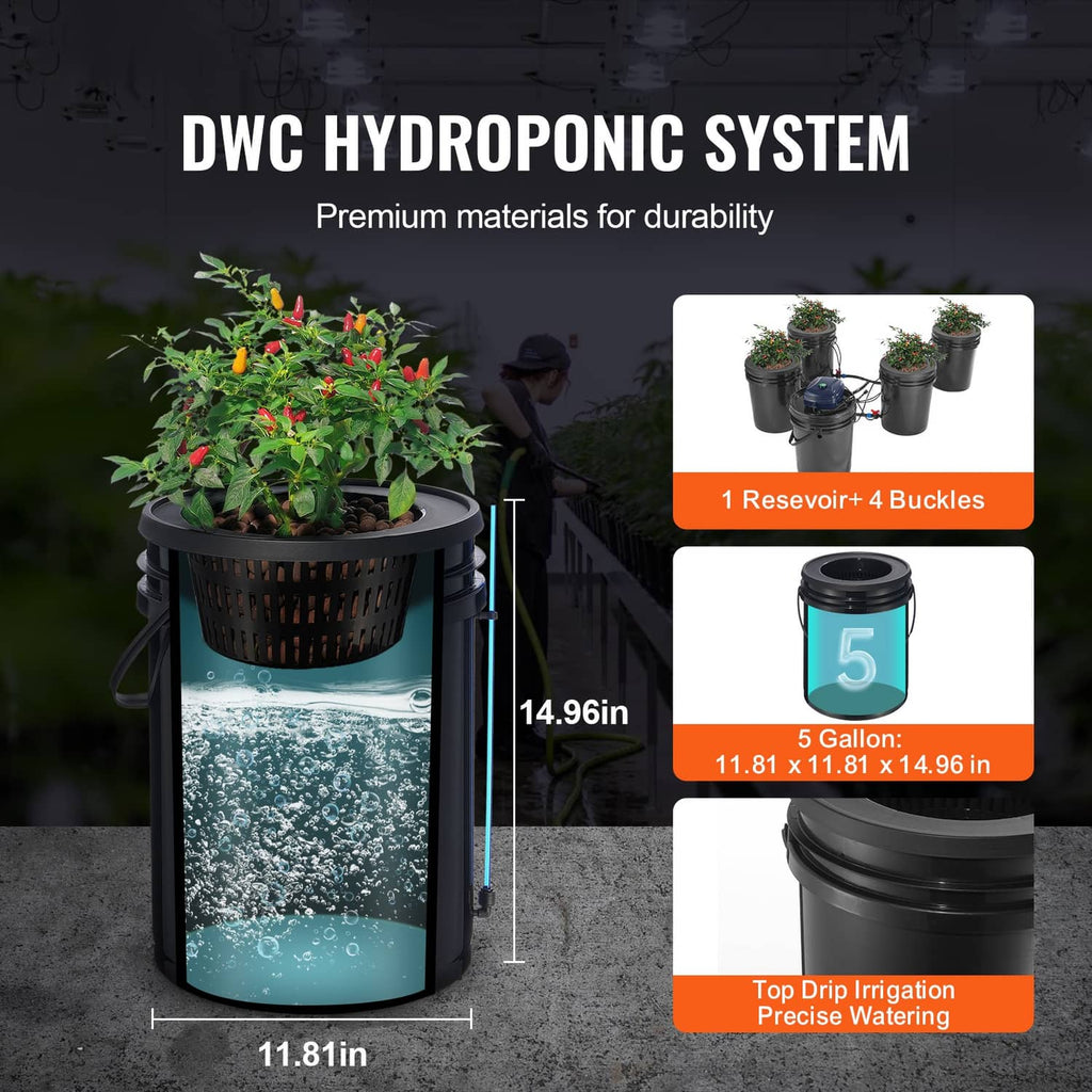 DWC hydroponics system kit with four buckets, 5-gallon reservoir, and drip irrigation tubing