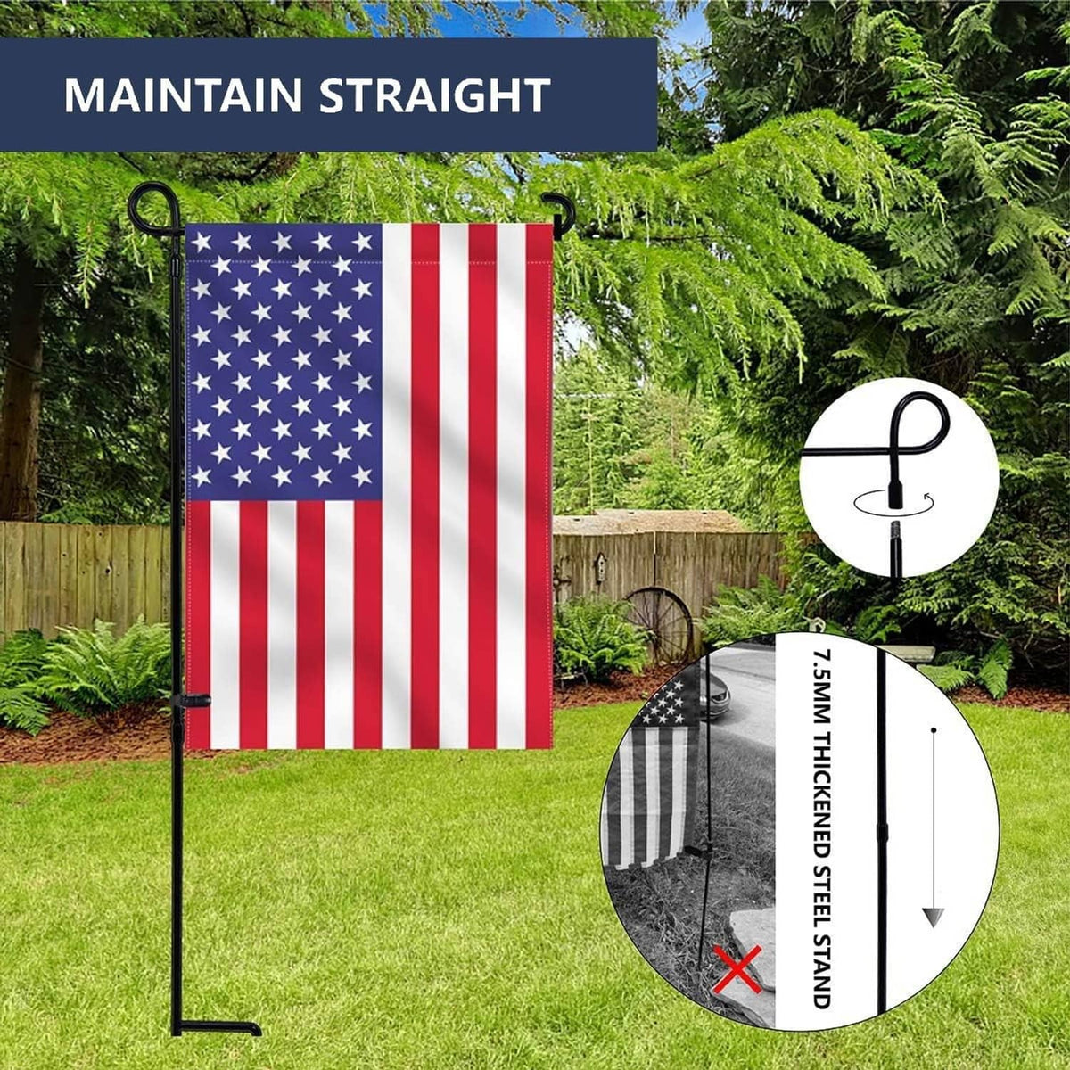 Black garden flag stand with spike base, top hook, and thickened metal construction detail