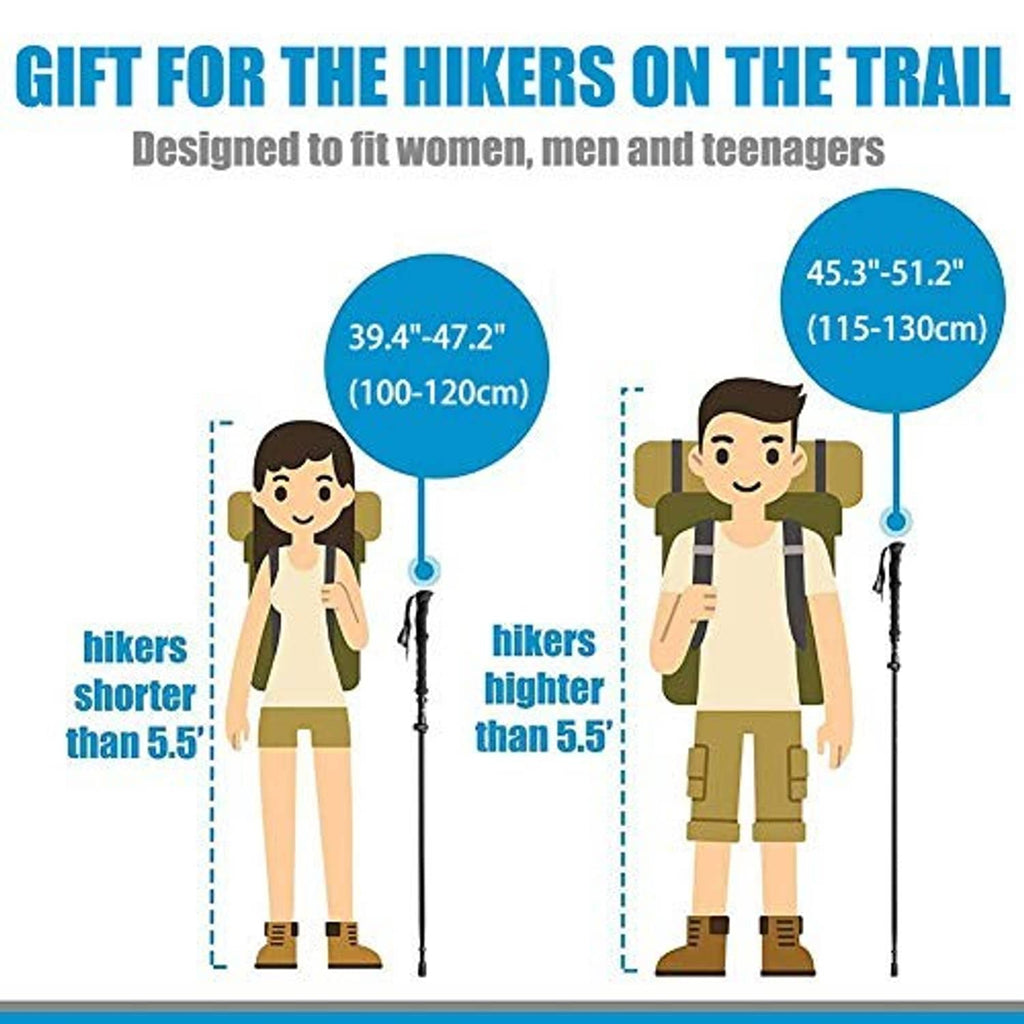 Infographic showing adjustable trekking pole height ranges for shorter and taller hikers