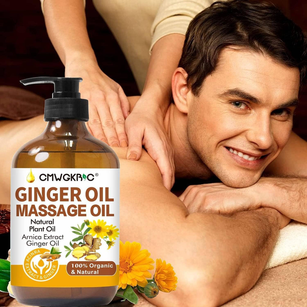 Ginger massage oil bottle with black pump used during shoulder massage on a man.