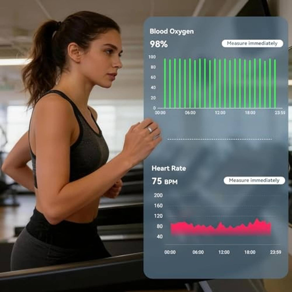 Silver-tone smart fitness tracker ring on a woman's finger while working out