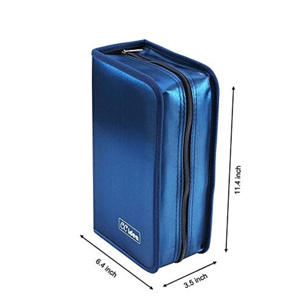 Blue rectangular DVD storage case with top handle and zippered closure