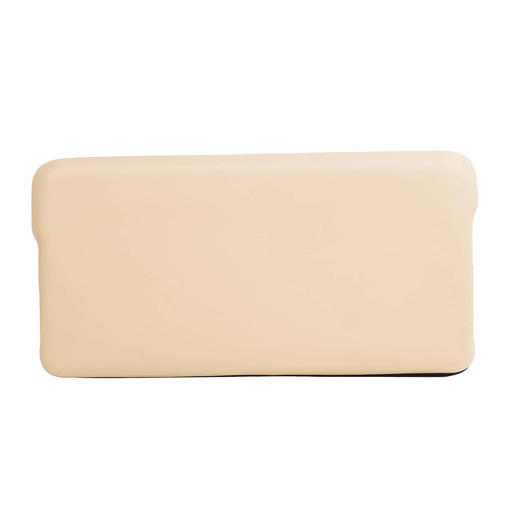 Beige seat bottom cushion panel with rounded rectangular shape