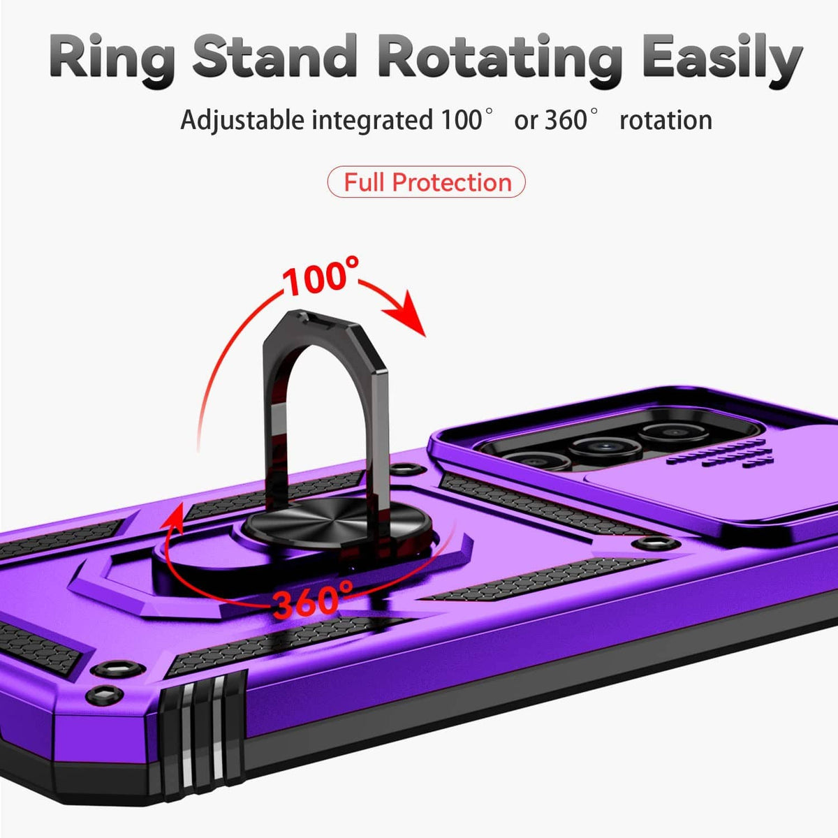 Purple rugged phone case with rotating ring stand, reinforced protective frame