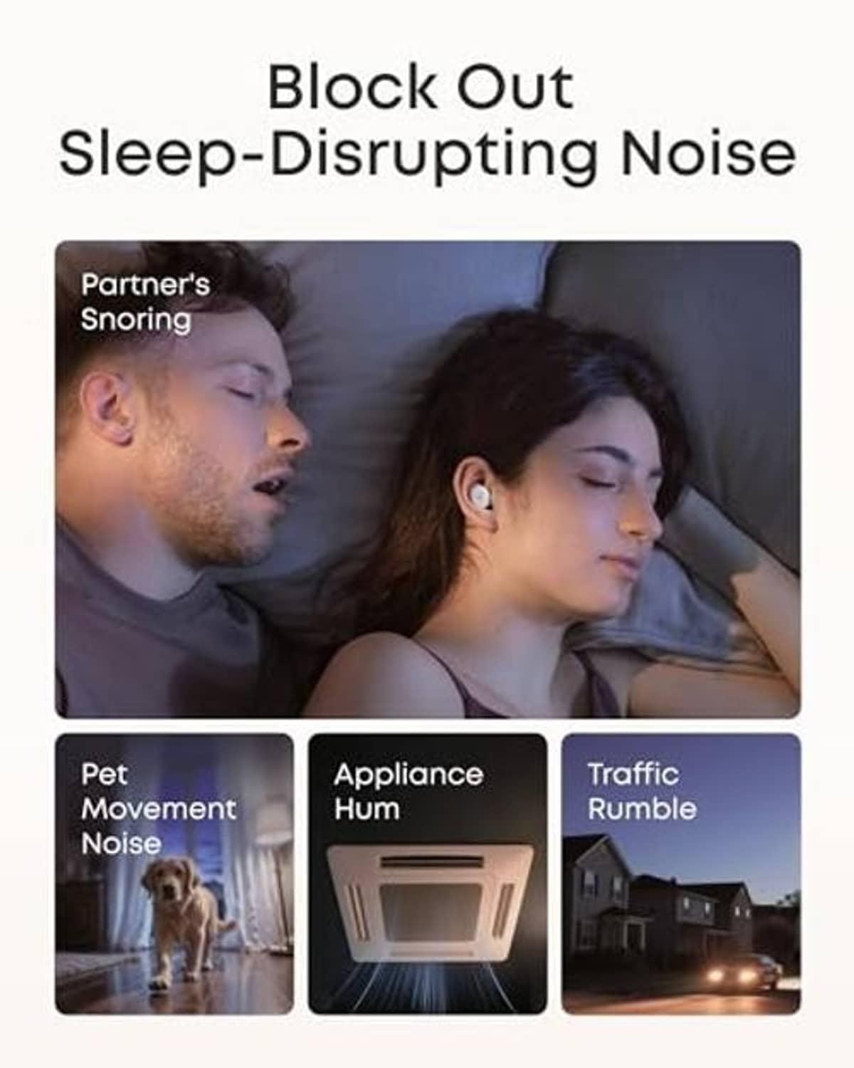 White sleep earbuds with ergonomic tips next to charging case