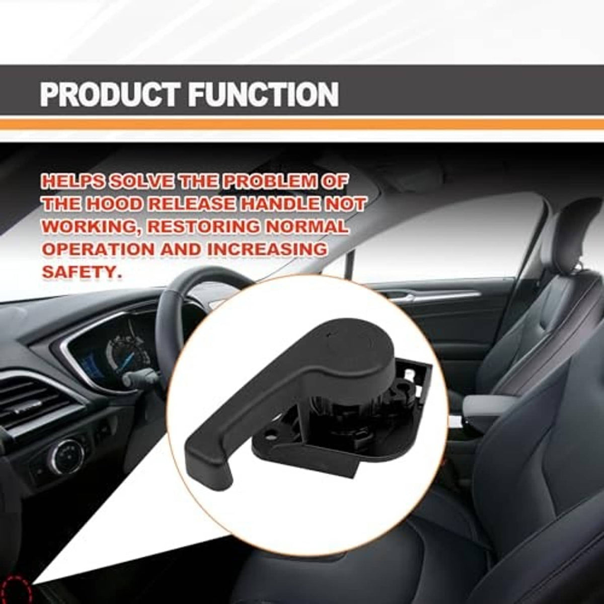 Hood release handle and bracket highlighted in a vehicle interior callout