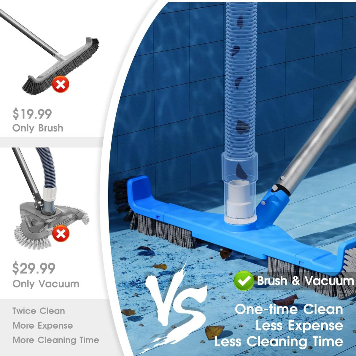 Blue pool brush vacuum head with telescoping hose connection and gray roller bristles