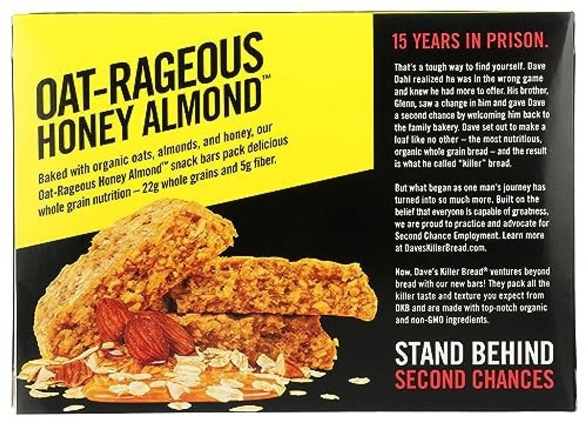 Dave's Killer Bread oat-rageous honey almond snack bar box with product description and bars