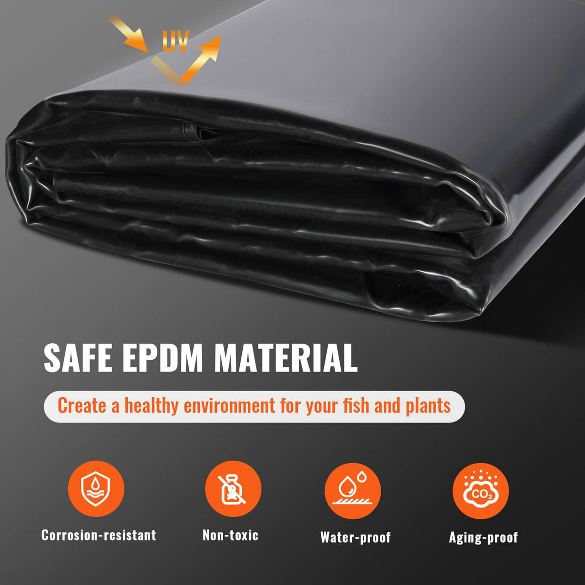 Folded black EPDM pond liner roll with smooth surface and protective wrap
