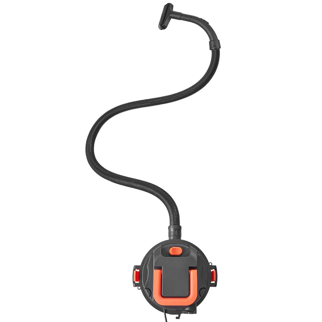 Portable shop vacuum unit with black suction hose and orange switch button