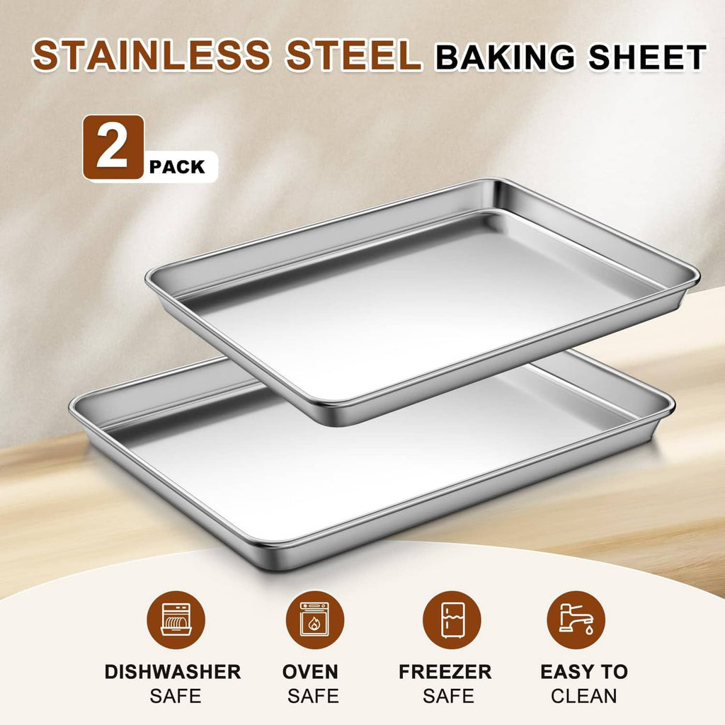 2-pack silver stainless steel baking sheets with flat interior and rolled rim