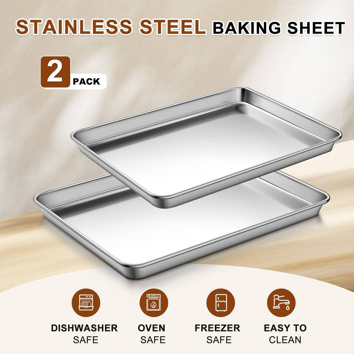 2-pack silver stainless steel baking sheets with flat interior and rolled rim