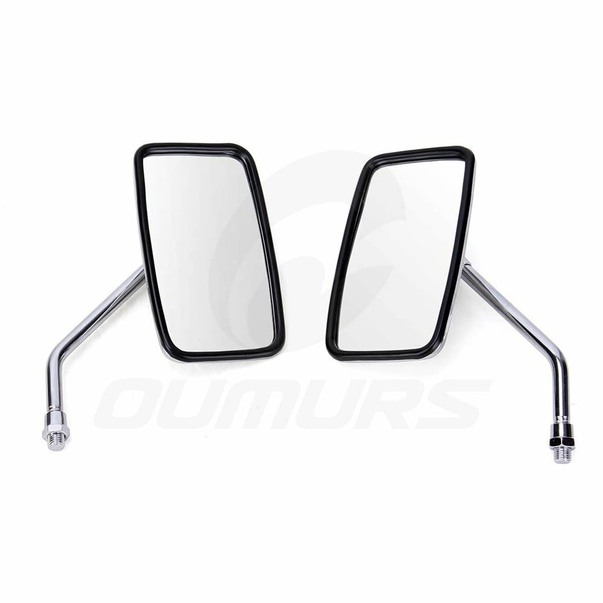 Two chrome motorcycle rearview mirrors with black rectangular glass and short stems