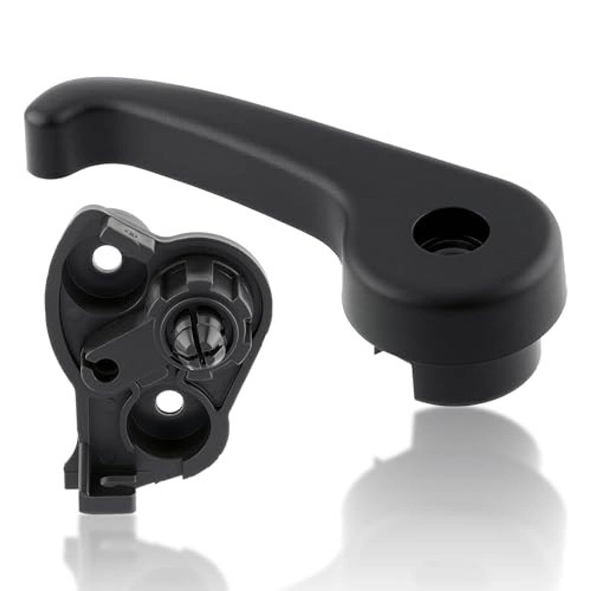 Black hood latch release handle with attached latch bracket and pivot sockets