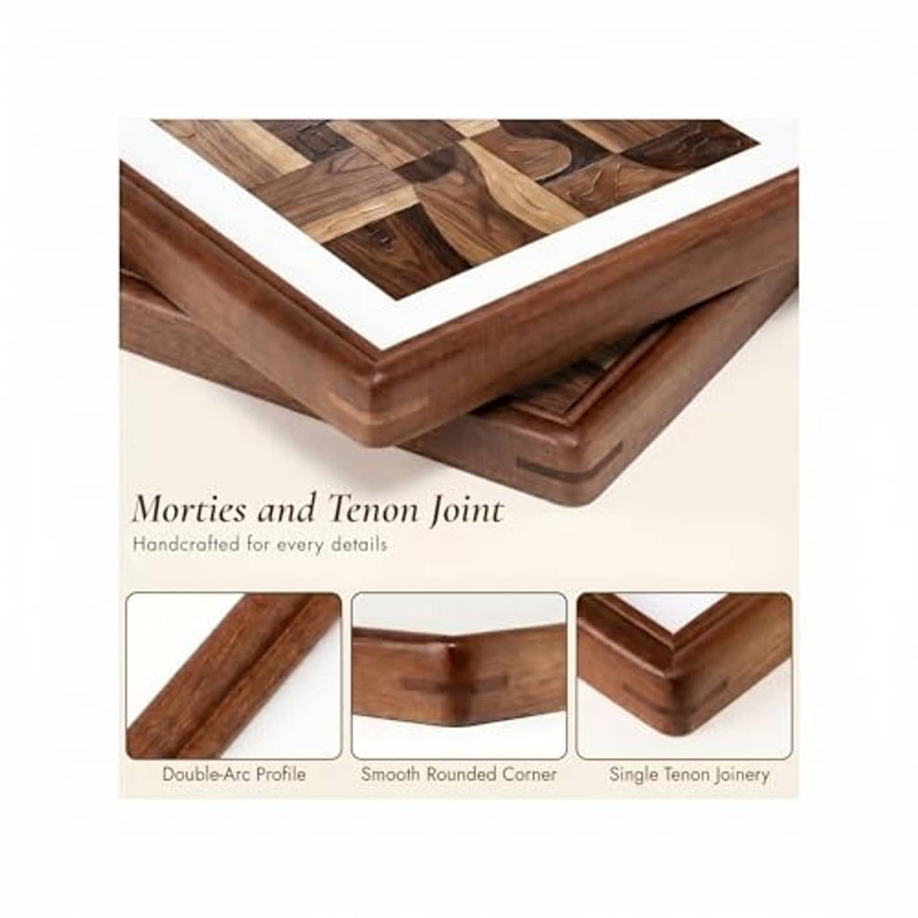 Walnut wood picture frame with mortise-and-tenon style join, close-up corner view