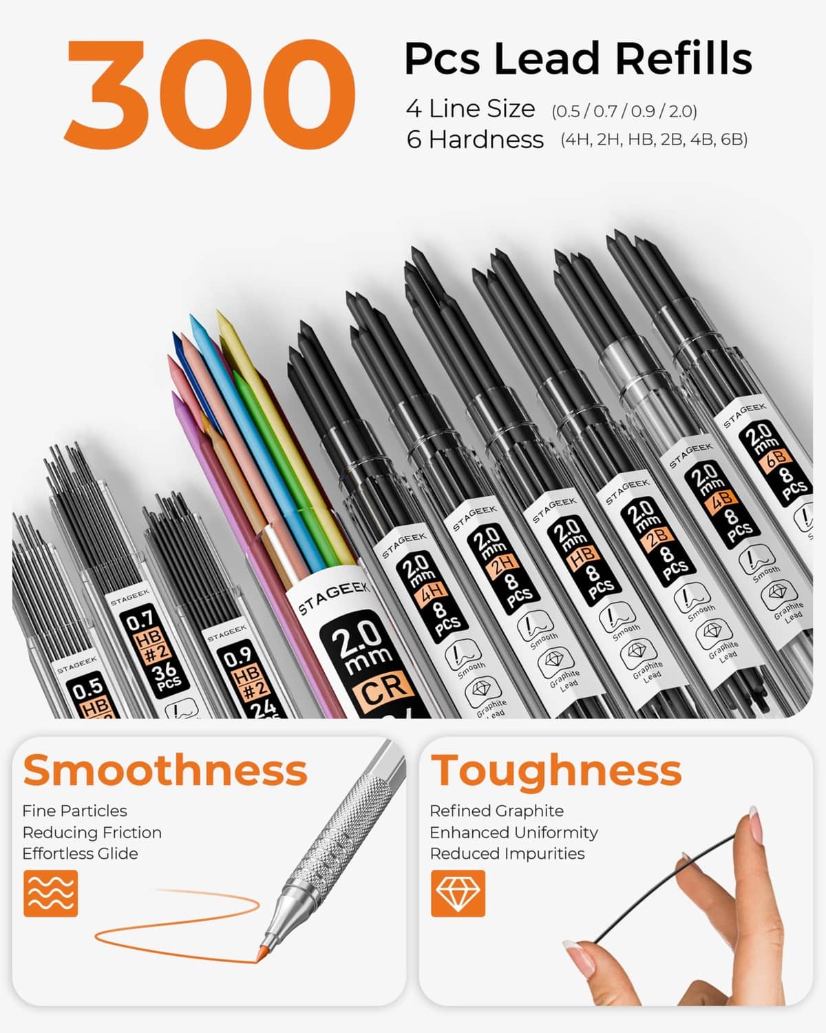 Pack of black and colored graphite lead refills with assorted hardness labels
