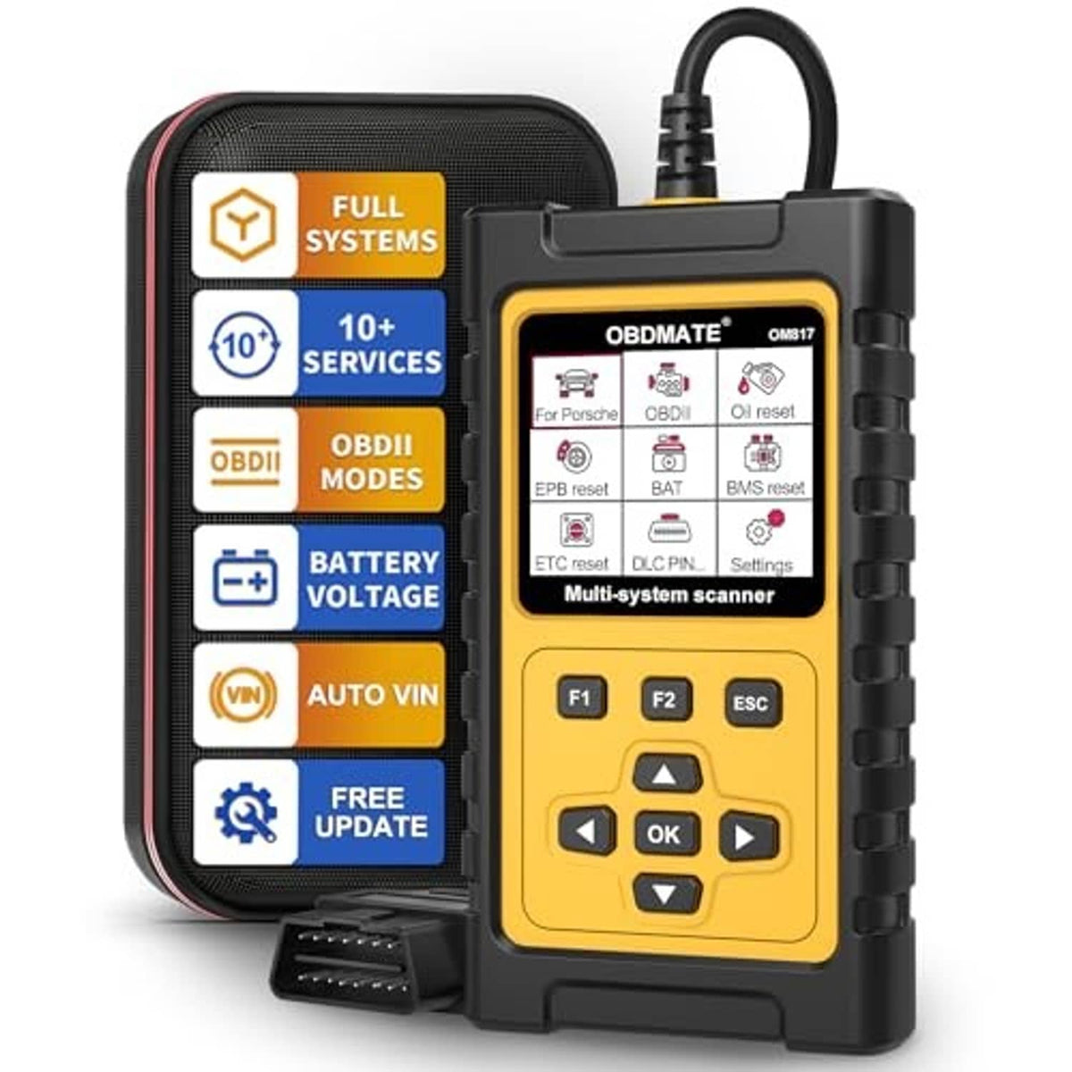 OBDMATE OMB817 OBD2 scanner with yellow screen, buttons, and attached OBD cable