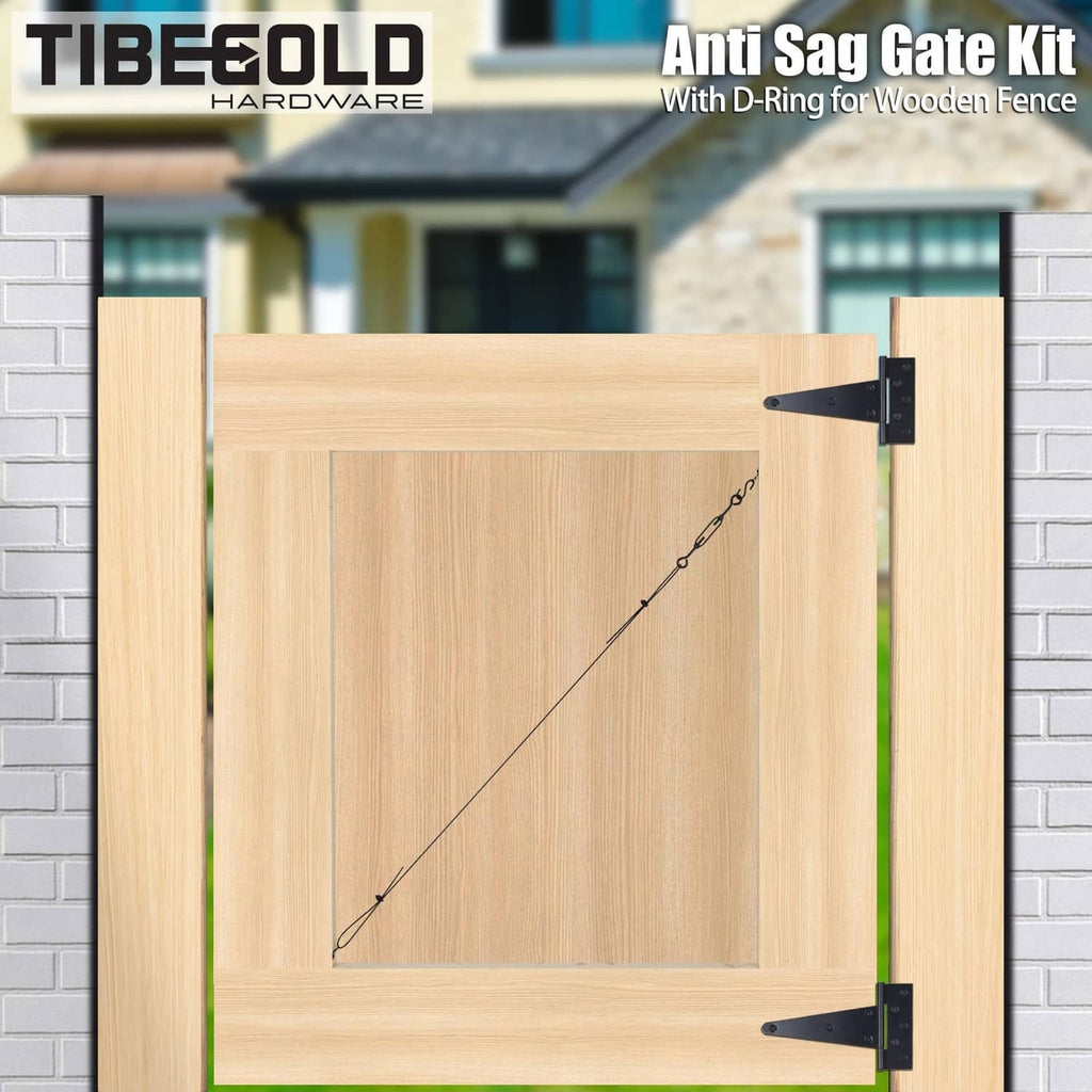 Anti-sag gate kit installed on wooden fence: black metal brackets and cable tensioner