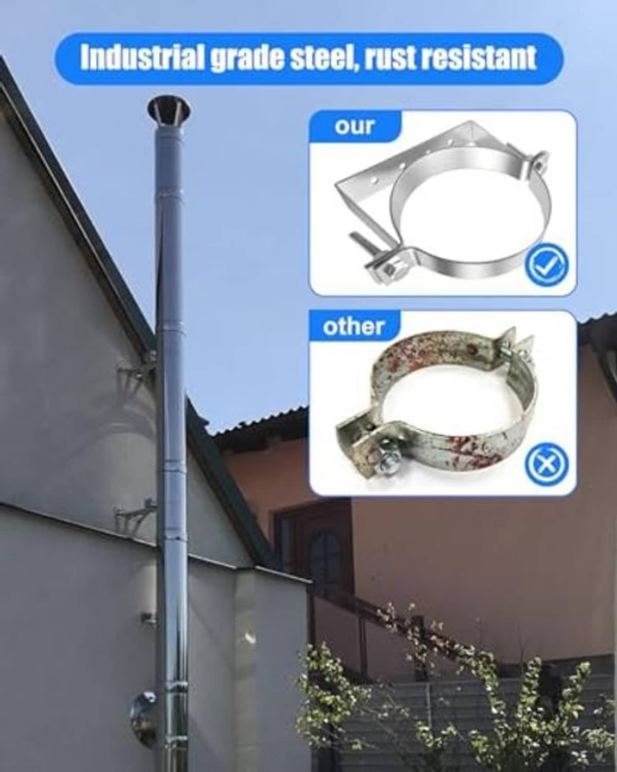 Industrial steel pipe hanger bracket with rust-resistant circular clamp on pipe