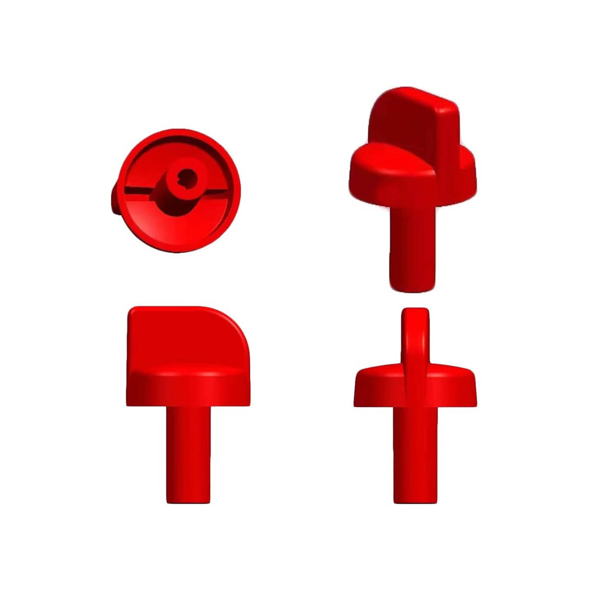Red plastic control valve knob with round cap and stem, multiple angles