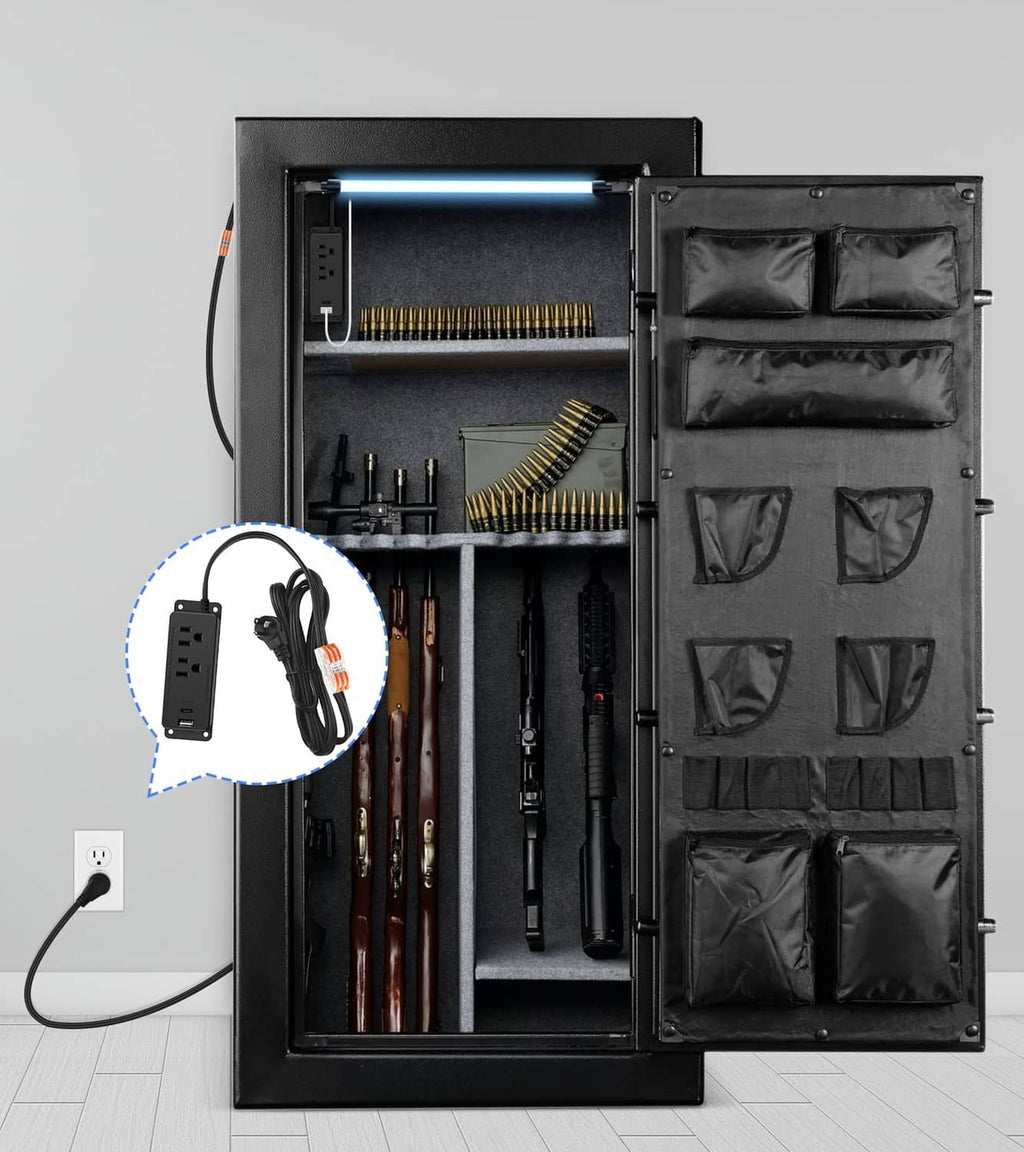 Black power outlet strip mounted inside a safe with connected cables
