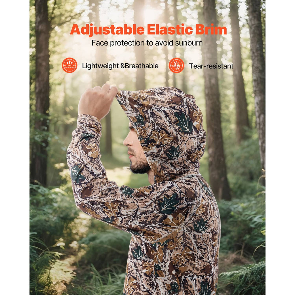 Men's camouflage pullover hoodie with hood up and long sleeves, ready for outdoor wear